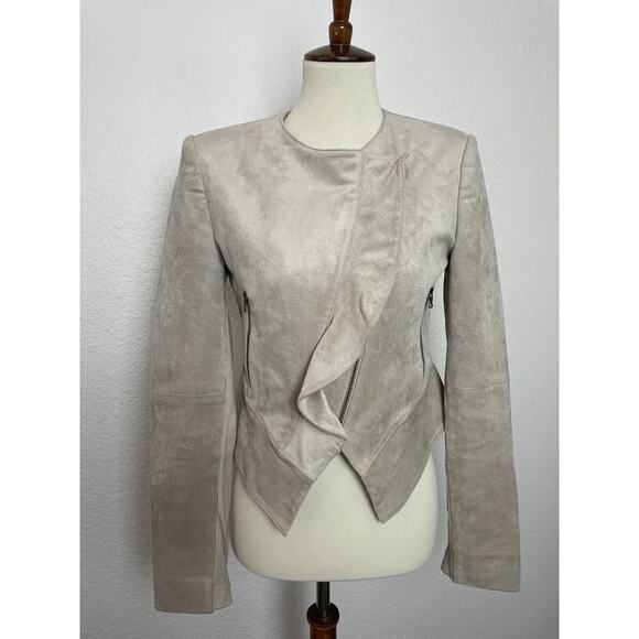 BCBGMaxAzria Jacket Kidd Faux Leather Moto Ruffled Single Breast Tan - Picture 1 of 12